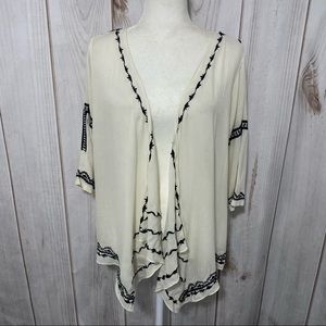 NATURAL LIFE Ivory Cream with Black Embroidery Boho Style Open Front Kimono - OS